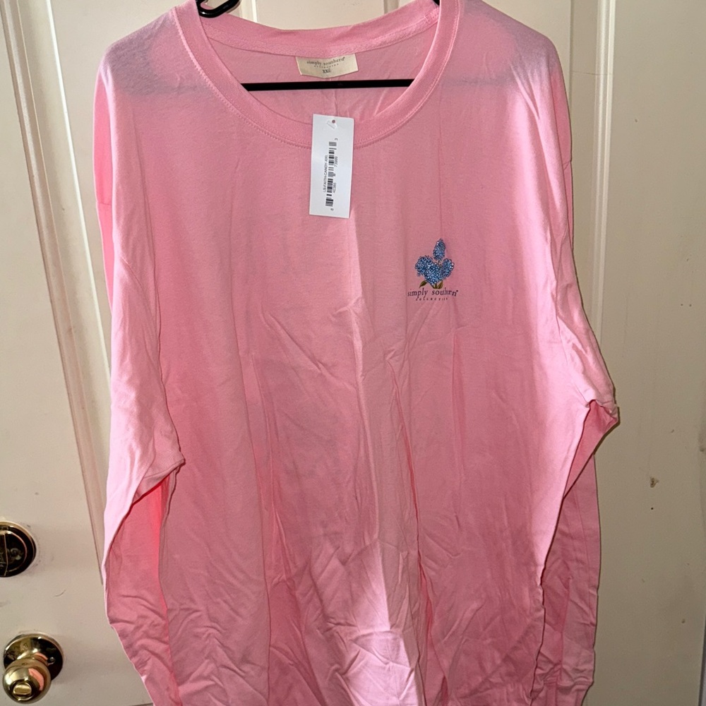 Simply Southern Pink Tee with Blue Floral Design